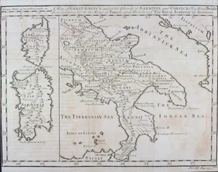 Etelä-Italian, Korsikan ja Sardinian kartta; alue tunnettiin antiikin aikana Suur-Kreikkana eli Magna Graeciana, 1700-luvun alku